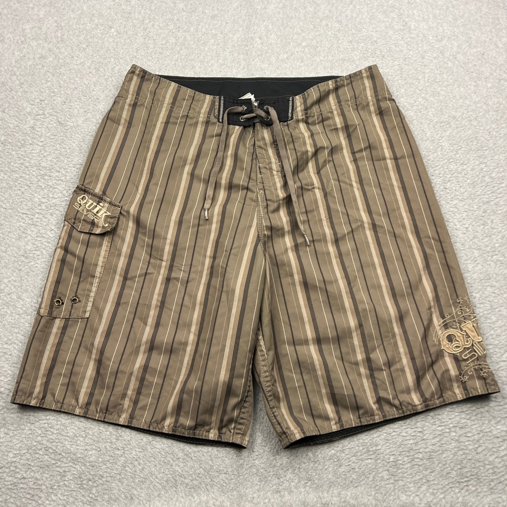 Quiksilver Board Shorts Mens 35* Brown Striped Embroidered Y2K Cargo Surf Trunks